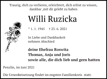 Traueranzeige von Willi Ruzicka von Müritz-Zeitung