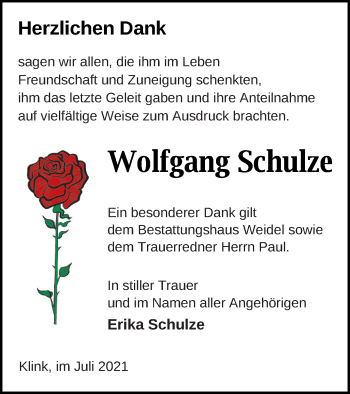 Traueranzeige von Wolfgang Schulze von Müritz-Zeitung