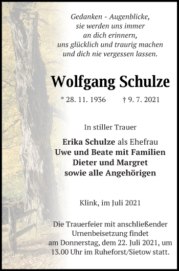 Traueranzeige von Wolfgang Schulze von Müritz-Zeitung