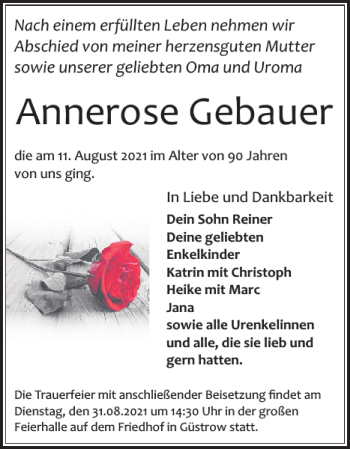 Traueranzeige von Annerose Gebauer von Güstrower Anzeiger