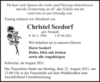 Traueranzeige von Christel Seedorf von Zeitung für die Landeshauptstadt