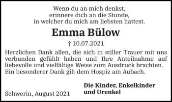 Traueranzeige von Emma Bülow von Zeitung für die Landeshauptstadt