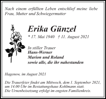 Traueranzeige von Erika Günzel von Hagenower Kreisblatt