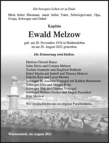 Traueranzeige von Ewald Melzow von Norddeutsche Neueste Nachrichten