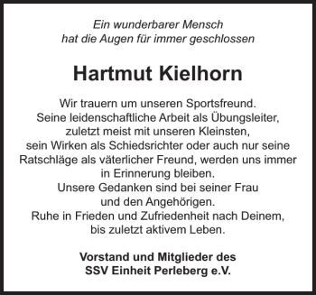 Traueranzeige von Hartmut Kielhorn von Der Prignitzer