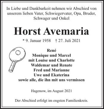 Traueranzeige von Horst Avemaria von Hagenower Kreisblatt