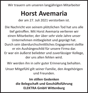 Traueranzeige von Horst Avemaria von Hagenower Kreisblatt