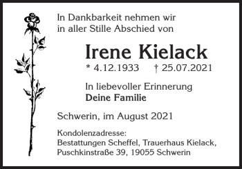 Traueranzeige von Irene Kielack von Zeitung für die Landeshauptstadt