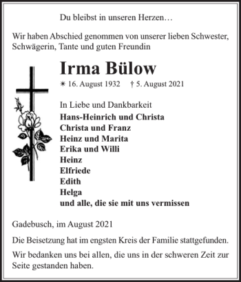 Traueranzeige von Irma Bülow von Gadebusch-Rehnaer Zeitung