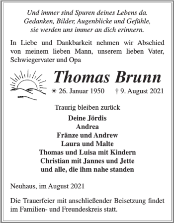 Traueranzeige von Thomas Brunn von Hagenower Kreisblatt