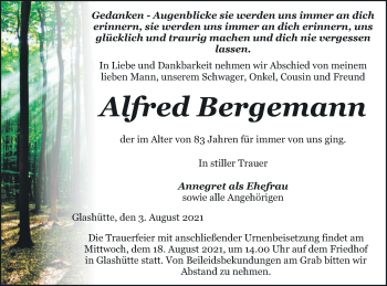 Traueranzeige von Alfred Bergemann von Haff-Zeitung