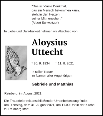 Traueranzeige von Aloysius Uttecht von Neubrandenburger Zeitung