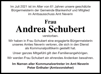 Traueranzeige von Andrea Schubert von Neubrandenburger Zeitung