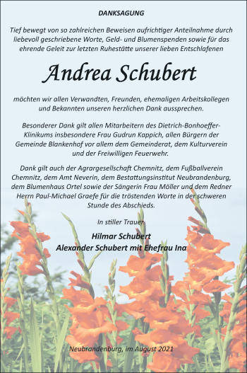 Traueranzeige von Andrea Schubert von Neubrandenburger Zeitung