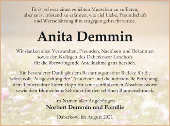 Traueranzeige von Anita Demmin von Vorpommern Kurier