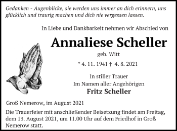 Traueranzeige von Annaliese Scheller von Neubrandenburger Zeitung