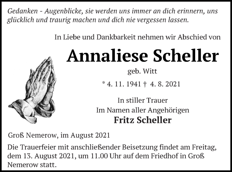  Traueranzeige für Annaliese Scheller vom 10.08.2021 aus Neubrandenburger Zeitung