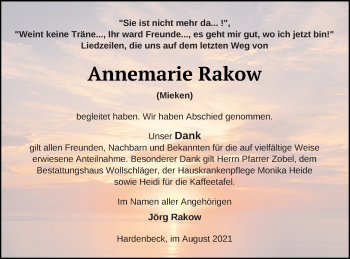 Traueranzeige von Annemarie Rakow von Templiner Zeitung