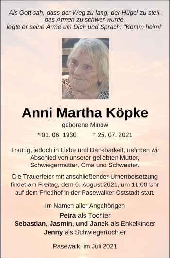 Traueranzeige von Anni Martha Köpke von Pasewalker Zeitung