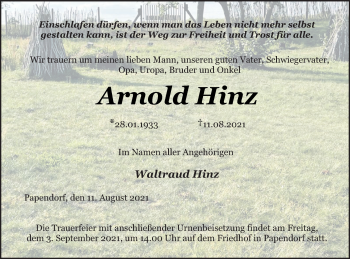 Traueranzeige von Arnold Hinz von Pasewalker Zeitung