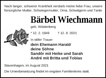 Traueranzeige von Bärbel Wiechmann von Mecklenburger Schweiz