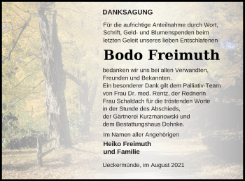 Traueranzeige von Bodo Freimuth von Haff-Zeitung
