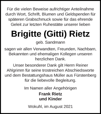 Traueranzeige von Brigitte Rietz von Strelitzer Zeitung