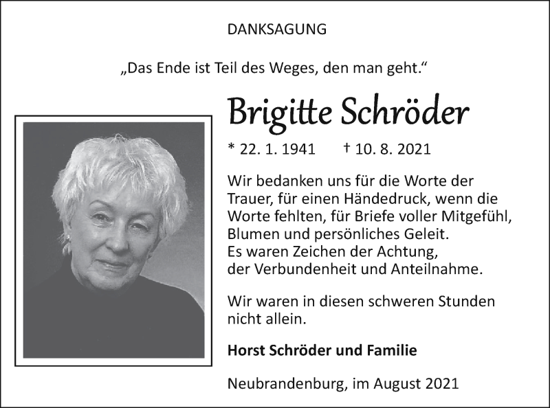  Traueranzeige für Brigitte Schröder vom 28.08.2021 aus Neubrandenburger Zeitung