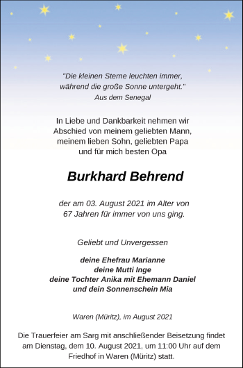 Traueranzeige von Burkhard Behrend von Müritz-Zeitung