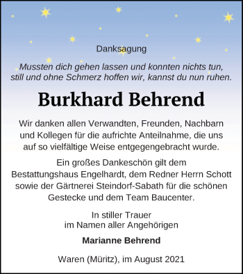 Traueranzeige von Burkhard Behrend von Müritz-Zeitung