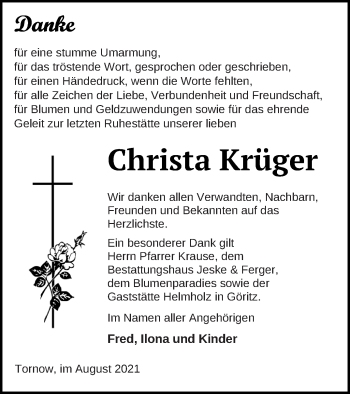 Traueranzeige von Christa Krüger von Prenzlauer Zeitung