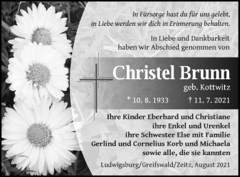 Traueranzeige von Christel Brunn von Prenzlauer Zeitung