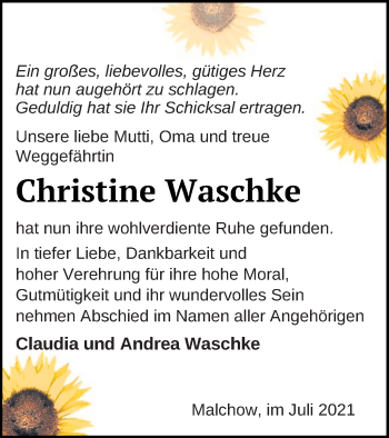 Traueranzeige von Christine Waschke von Müritz-Zeitung