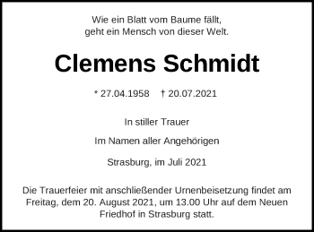 Traueranzeige von Clemens Schmidt von Pasewalker Zeitung