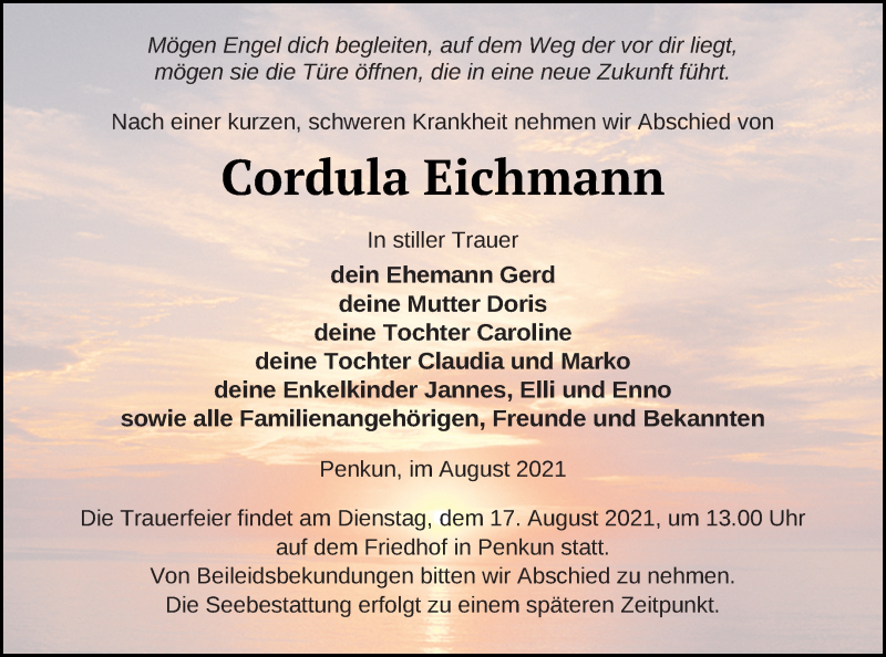  Traueranzeige für Cordula Eichmann vom 13.08.2021 aus Pasewalker Zeitung