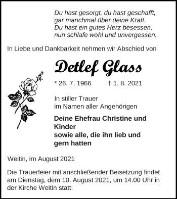 Traueranzeige von Detlef Glass von Neubrandenburger Zeitung