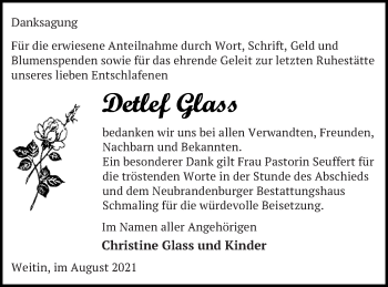 Traueranzeige von Detlef Glass von Neubrandenburger Zeitung