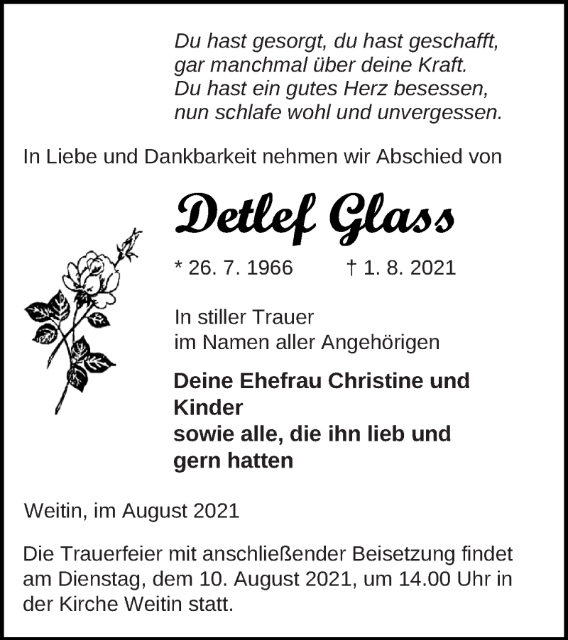  Traueranzeige für Detlef Glass vom 05.08.2021 aus Neubrandenburger Zeitung