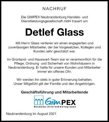 Traueranzeige von Detlef Glass von Neubrandenburger Zeitung