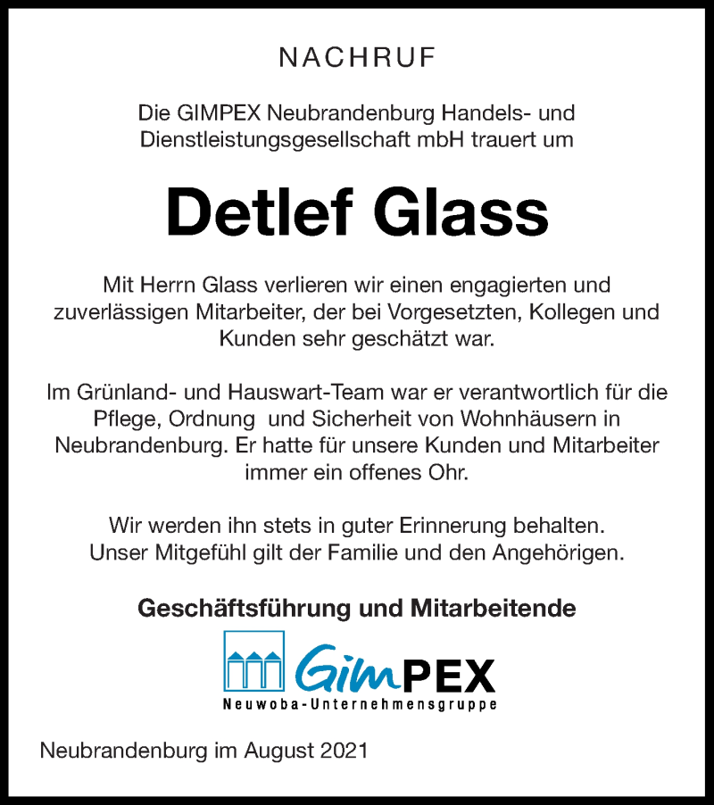  Traueranzeige für Detlef Glass vom 14.08.2021 aus Neubrandenburger Zeitung