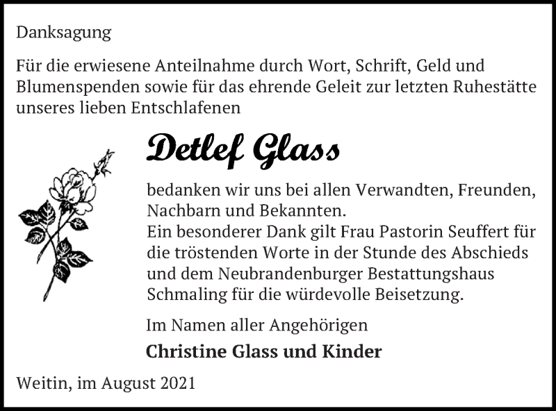  Traueranzeige für Detlef Glass vom 21.08.2021 aus Neubrandenburger Zeitung