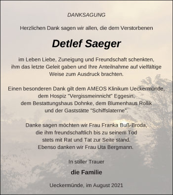 Traueranzeige von Detlef Saeger von Haff-Zeitung