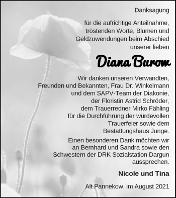 Traueranzeige von Diana Burow von Mecklenburger Schweiz