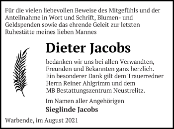 Traueranzeige von Dieter Jacobs von Strelitzer Zeitung