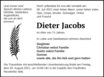 Traueranzeige von Dieter Jacobs von Strelitzer Zeitung