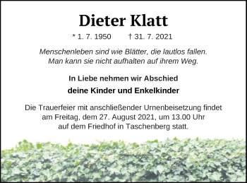 Traueranzeige von Dieter Klatt von Neubrandenburger Zeitung