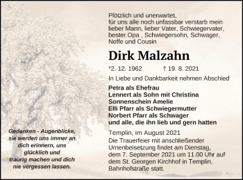 Traueranzeige von Dirk Malzahn von Templiner Zeitung