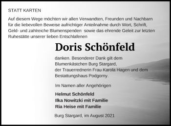 Traueranzeige von Doris Schönfeld von Neubrandenburger Zeitung