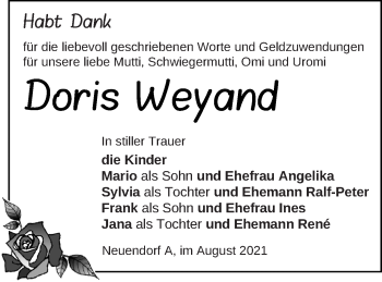 Traueranzeige von Doris Weyand von Vorpommern Kurier