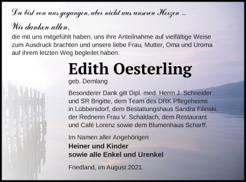 Traueranzeige von Edith Oesterling von Neubrandenburger Zeitung